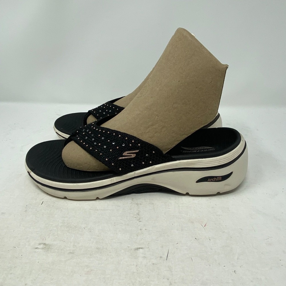 Skechers Arch Fit Womens Black Rhinestone Platform Flip Flop Sandals 8 140855